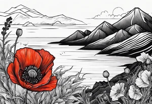 small poppy flower with mountains above it and the ocean below it tattoo idea