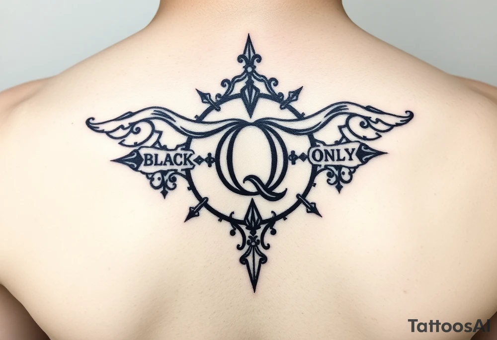A womb tattoo with a Q in the center, with three points around the outside. The first reading, "BLACK". The second reading, "BABY". The third reading, "ONLY". tattoo idea