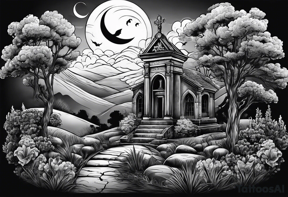 Cemetery on hills with smoke and moon tattoo idea