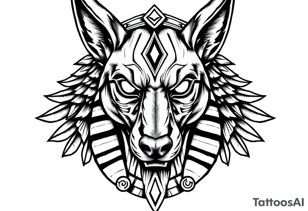 Egyptian Anubis god face muscle in Egypt style  with mantle on head with empty eyes 

dog face surrounded Egyptian symbols based on elements tattoo idea