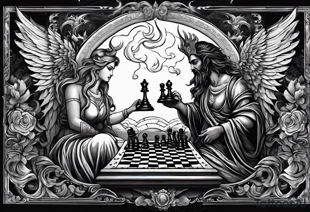 Depict an angel and demon playing chess on a board that morphs from celestial clouds to fiery inferno, representing the merging of the spiritual realms in the eternal game tattoo idea