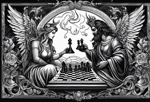 Depict an angel and demon playing chess on a board that morphs from celestial clouds to fiery inferno, representing the merging of the spiritual realms in the eternal game tattoo idea
