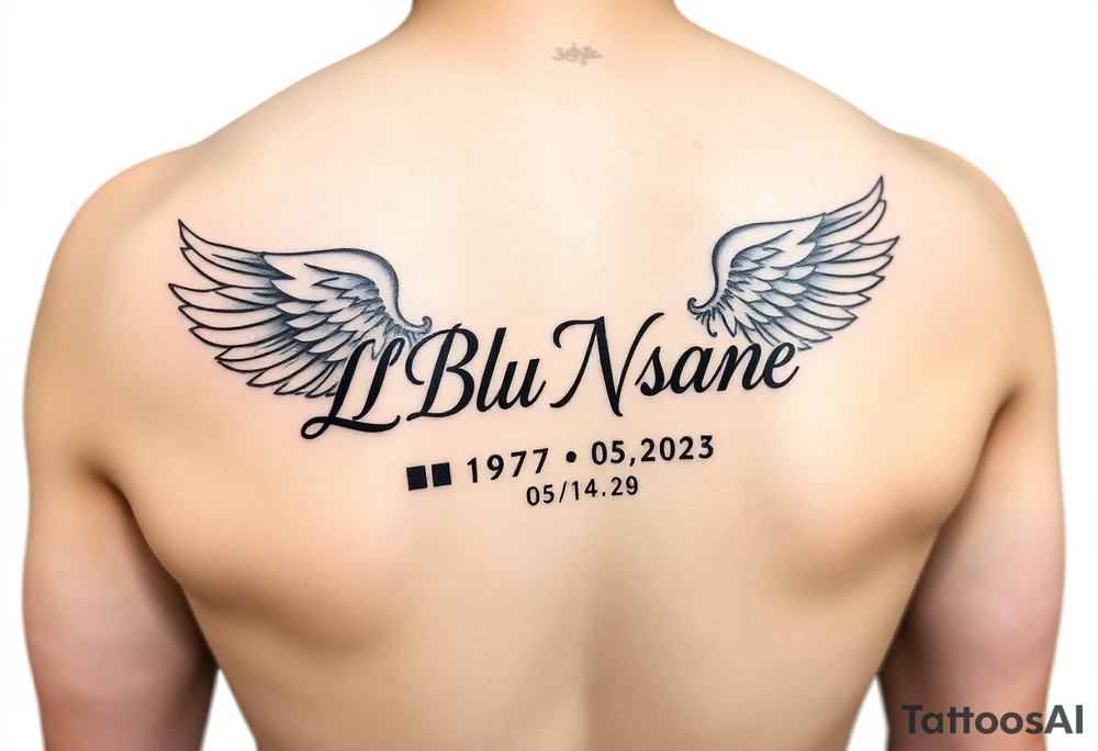 A forearm tattoo that says LL Blu Nsane in cursive writing with angel wings around the words and a sunrise date of 06/01/1997 and a sunset date of 05/14/2025 tattoo idea