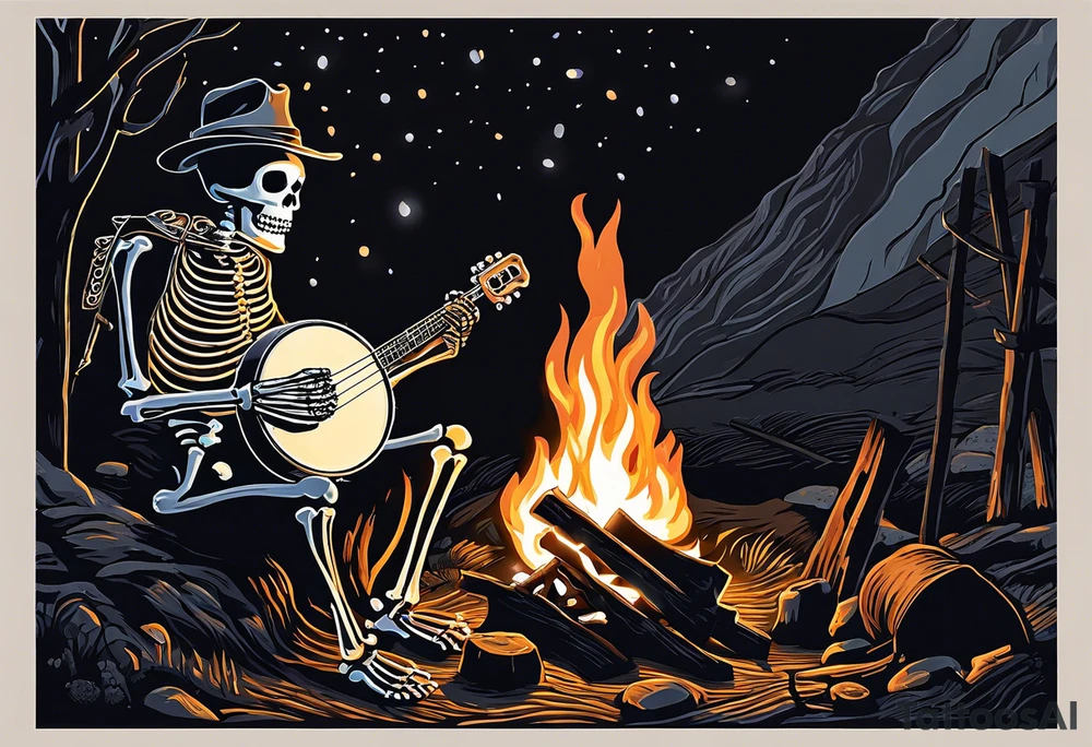 Foreground: The skeleton in a coal miner's hat, animatedly playing the banjo. The light from the campfire illuminates the skeleton and the nearby surroundings, casting intricate shadows.
Midground: The glowing campfire, with flames realistically designed in black and grey shades to emphasize movement and light.
Background: Subtle outlines and shading of rhododendron plants, giving a natural and dense feel to the woods. These can be stylized to blend seamlessly with the style of the tattoo.
Sky: A night sky speckled with stars, adding depth and a sense of time to the scene, with the stars providing a contrast against the dark sky. tattoo idea