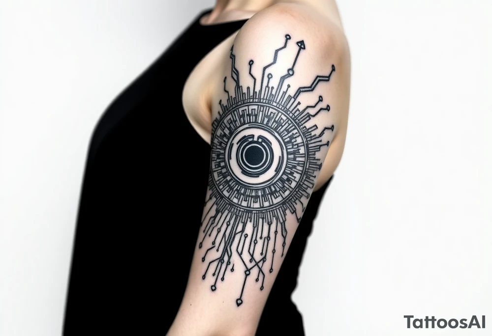 Bio-Mechanical internal computer, binary code, symbolism for 6 kids, 5 boys and youngest is a girl tattoo idea
