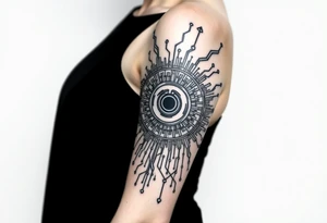 Bio-Mechanical internal computer, binary code, symbolism for 6 kids, 5 boys and youngest is a girl tattoo idea
