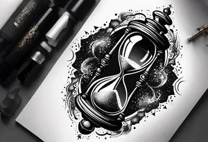 Hourglass, cosmic dust exploding from the top and bottom of the hourglass. Long tattoo to fit on the forearm, masculine, minimalist tattoo idea