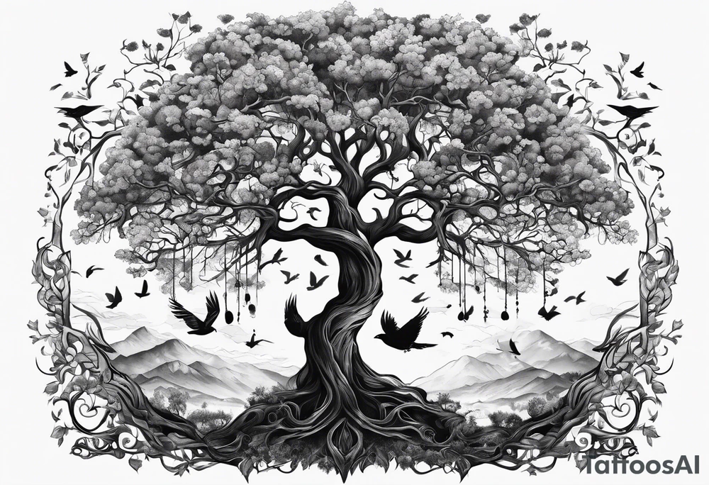 poison tree, strong, tall, birds, no leaves tattoo idea