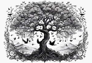 poison tree, strong, tall, birds, no leaves tattoo idea