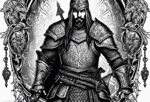 Medieval warrior shown in full with chain of heads of his victims tattoo idea