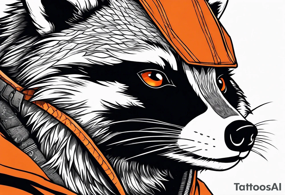 Raccoon wearing an orange Superman hoodie tattoo idea