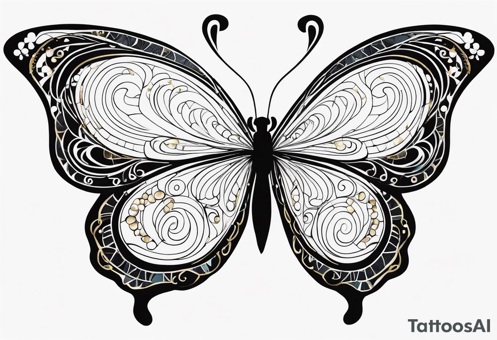 Simple butterfly silhouette with Gustav Klimt’s gold accents and intricate patterns, delicate line work with geometric shapes subtly woven into the wings. tattoo idea