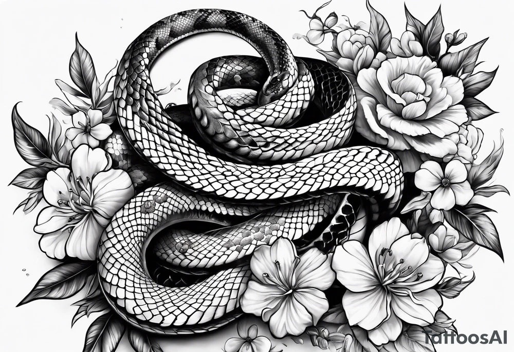 Snake with cross and flowers tattoo idea