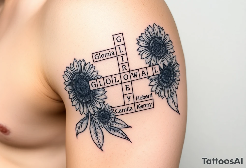 Crossword puzzle with sunflowers with names Gloria, Ariel, Herbert, Camila, and Kenny tattoo idea