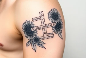 Crossword puzzle with sunflowers with names Gloria, Ariel, Herbert, Camila, and Kenny tattoo idea