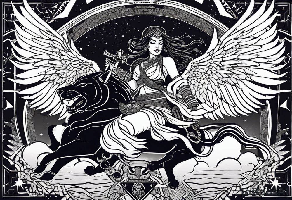 black kali, goddess pirate, alien, angel, pachamama, valkrye, warrior, flying, skull, lotus azul, wing, eagle, zenza resonance, stars, 5D, anahata chakra, death, durga, riding on a tiger, flying lady tattoo idea