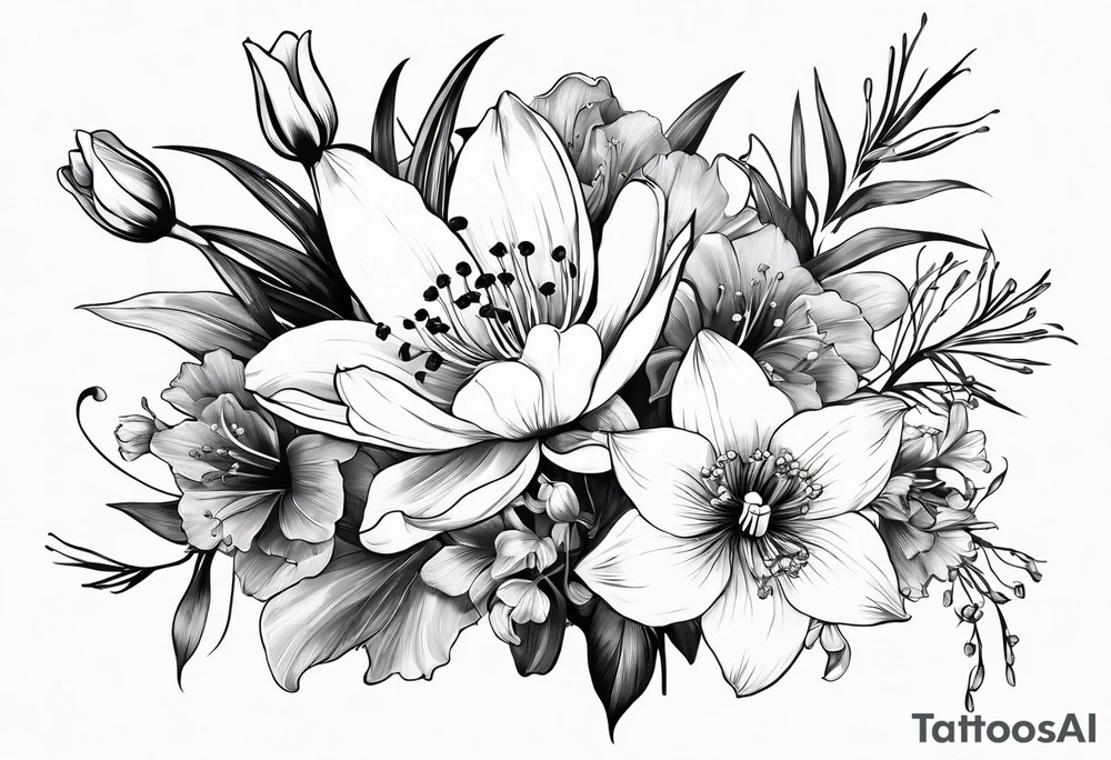 A bouquet of flowers with a water lily, gladiolus, poppy, lily of the valley, daffodil, and a honey suckle. With long stems and tied with a bow tattoo idea