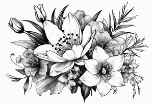 A bouquet of flowers with a water lily, gladiolus, poppy, lily of the valley, daffodil, and a honey suckle. With long stems and tied with a bow tattoo idea
