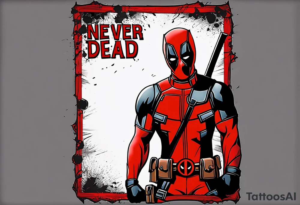 Banner with Text: A worn, dark banner wraps around Deadpool with the phrase "NEVER DEAD" in bold, cracked letters that give a strong and aggressive impression. The banner has small torn details, as if it’s been through rough conditions, with shading that adds depths. tattoo idea