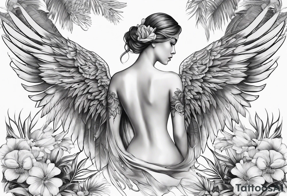 wing angel, flower, palm, sea tattoo idea