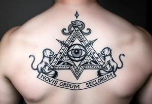 Pyramid with eye in the center, diamond with snake on the top,lions on corners,surrounded by words - novus ordum seclorum tattoo idea