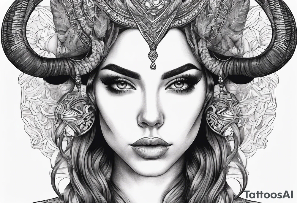 symmetrical woman head with curved horns facing downwards dark realism looking front facing view tattoo idea