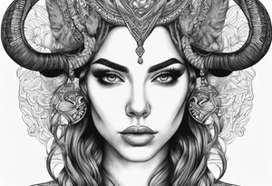 symmetrical woman head with curved horns facing downwards dark realism looking front facing view tattoo idea
