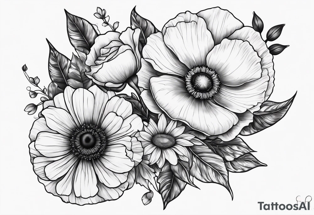 One poppy one rose two daisies tattoo idea