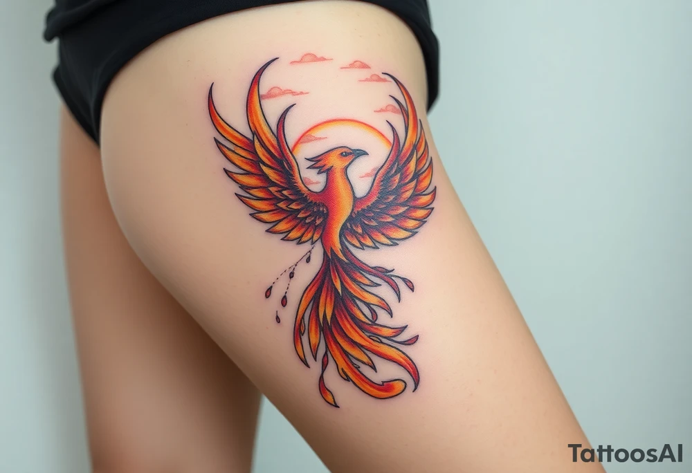 magnificent phoenix rising from flames with trailing embers with a pink and golden sunset and sky with puffy clouds and heaven backdrop tattoo idea