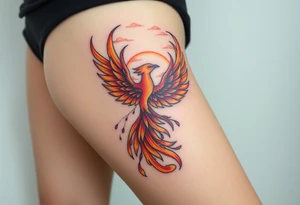 magnificent phoenix rising from flames with trailing embers with a pink and golden sunset and sky with puffy clouds and heaven backdrop tattoo idea