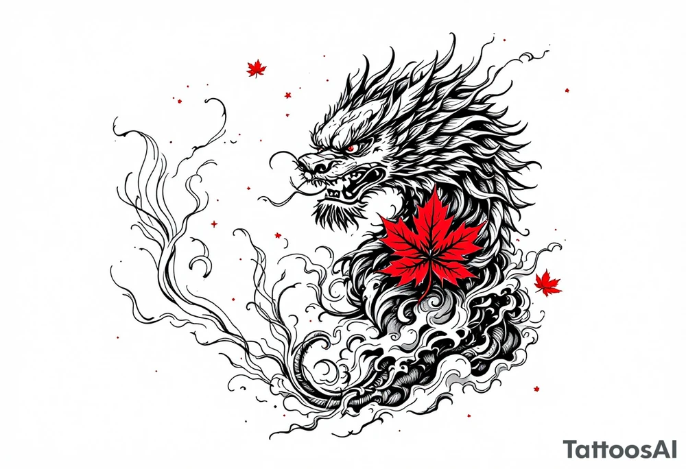 mythical Foo Dog (Half dog, half lion)  with wind and red maple leaf tattoo idea