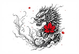 mythical Foo Dog (Half dog, half lion)  with wind and red maple leaf tattoo idea