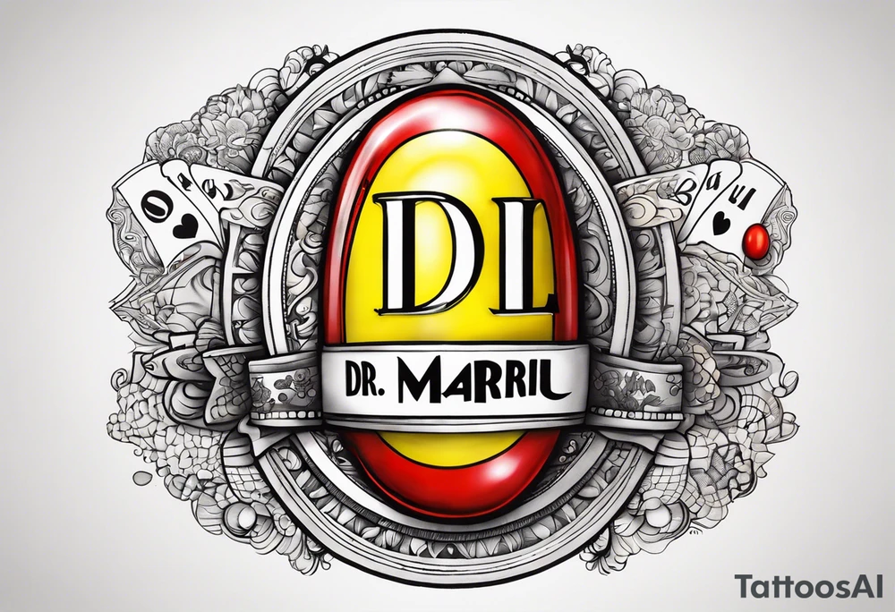 Red and yellow dr mario pill with the word "LillPill" under it tattoo idea