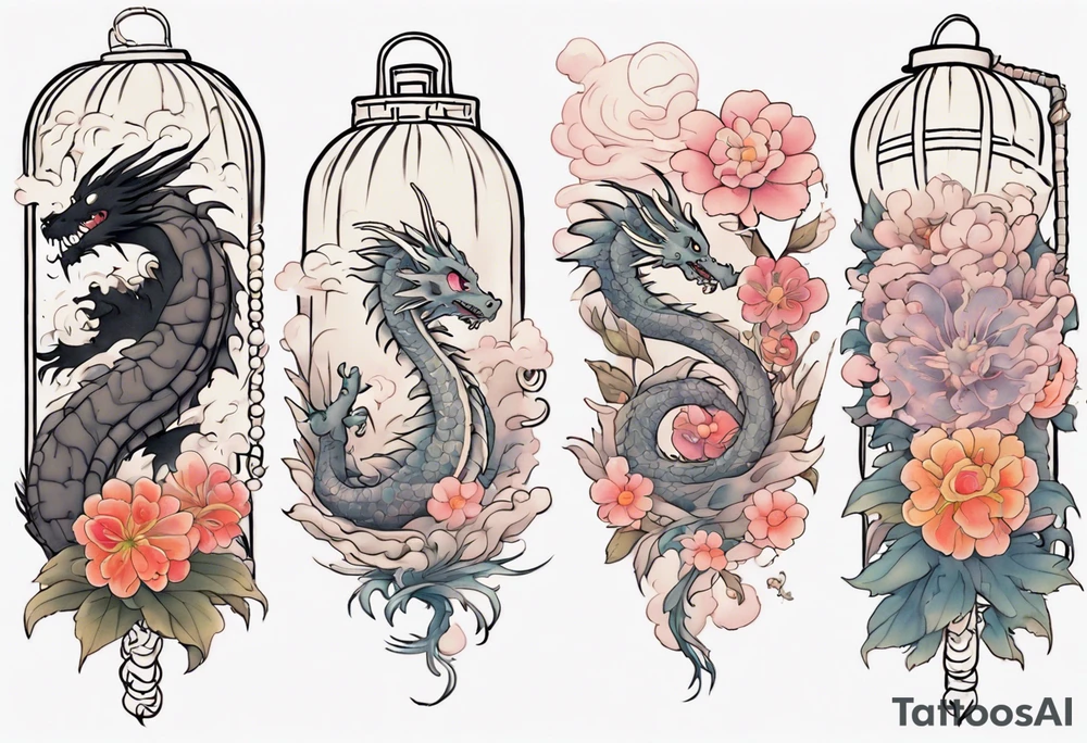 spirited away, chihiro, soot sprites, haku dragon, pastel, flowers, chinese lanterns, manga, neotraditional style tattoo forearm tattoo idea