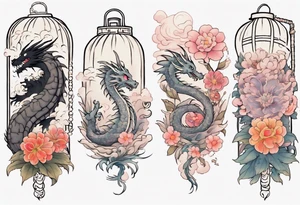 spirited away, chihiro, soot sprites, haku dragon, pastel, flowers, chinese lanterns, manga, neotraditional style tattoo forearm tattoo idea