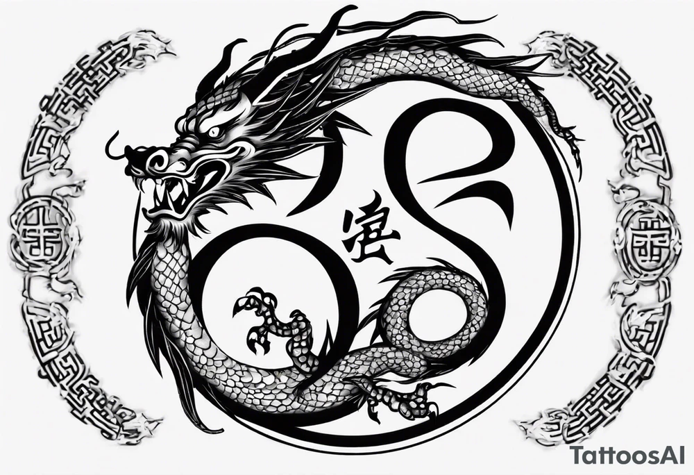 Chinese dragon in a circular shape with "02.03" written on its skin tattoo idea