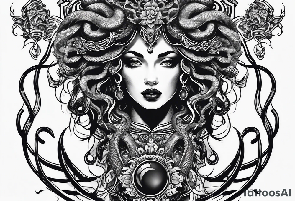 Gothic Medusa snakes lady head blackwork tattoo idea