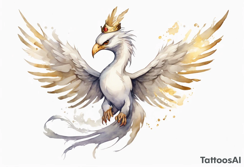 a watercolor of a white bird-serpent hybrid wearing a plain crown, with light gold wing feathers, flying in the sky tattoo idea