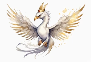 a watercolor of a white bird-serpent hybrid wearing a plain crown, with light gold wing feathers, flying in the sky tattoo idea