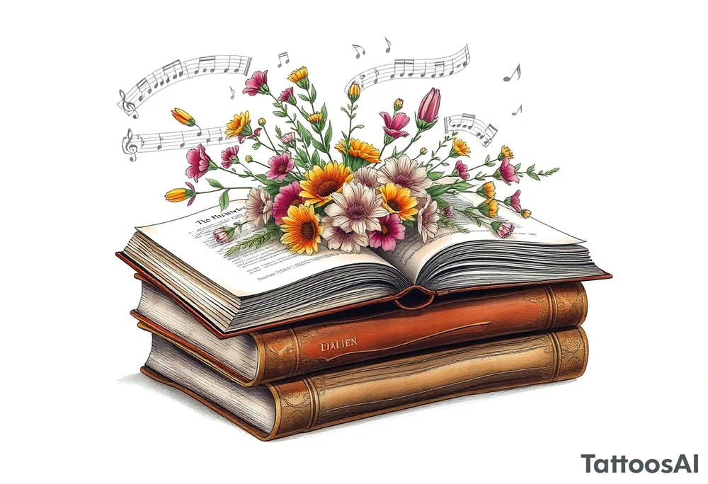 stack of 3 vintage books with various names on the spines top book open with bouquet of different kinds of wild 
flowers coming out of it
Music notes dancing around in the background Spanish Mexican essence tattoo idea