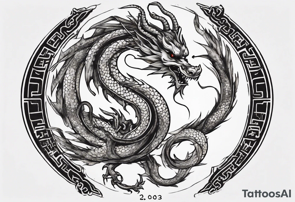 Chinese dragon in a circular shape with "02.03" written on its skin tattoo idea