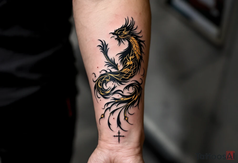 凤凰 (fènghuáng, “phoenix”) in gold and crimson expresses grace through rebirth and resilience. tattoo idea