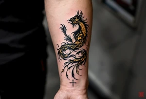 凤凰 (fènghuáng, “phoenix”) in gold and crimson expresses grace through rebirth and resilience. tattoo idea