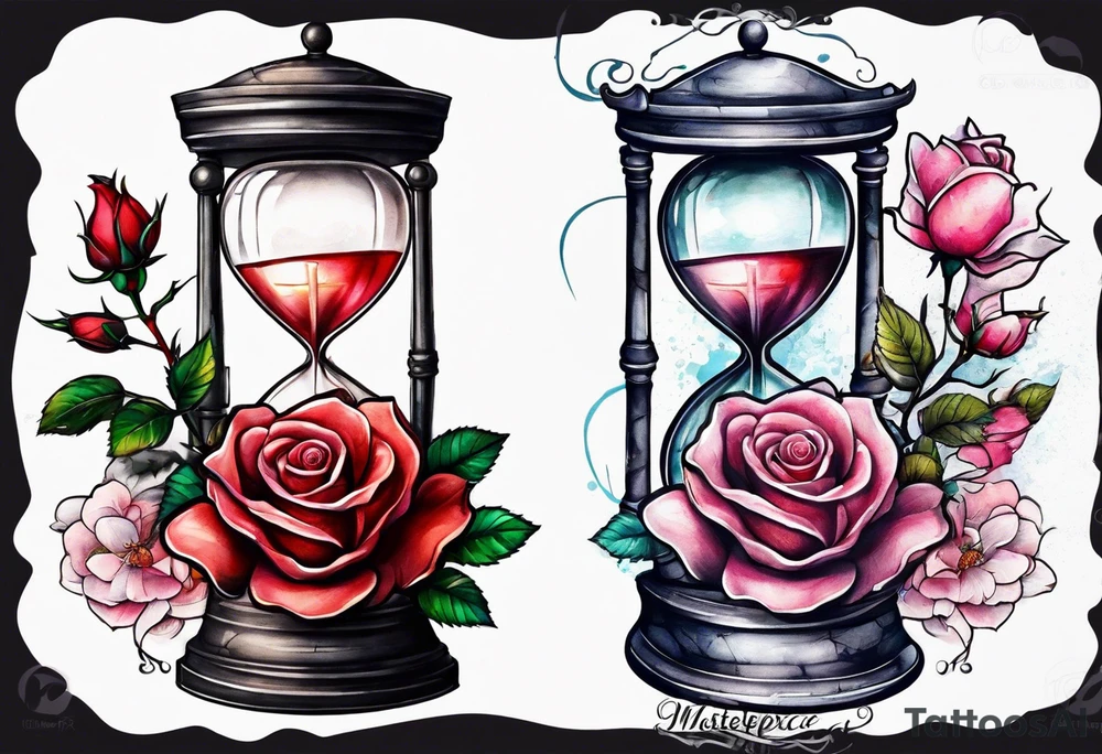 Rose beside hourglass with sakura tree inside tattoo idea