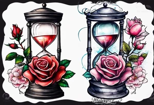 Rose beside hourglass with sakura tree inside tattoo idea