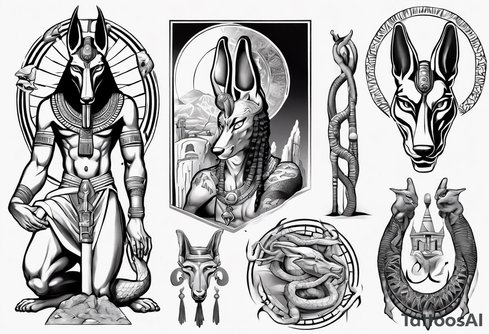 Egyptian god Anubis with snakes next to him in the desert tattoo idea