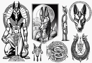 Egyptian god Anubis with snakes next to him in the desert tattoo idea