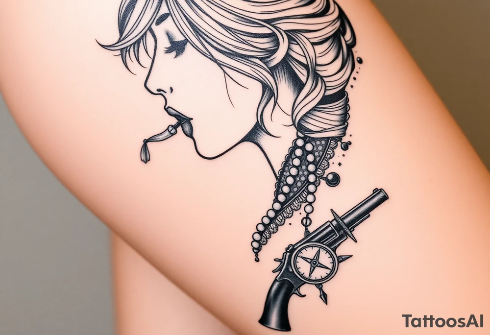 Profile of woman with messy hair 
, hand on chin, pearls hanging from mouth , lace, lipstick,  compass and gun near by tattoo idea