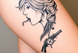 Profile of woman with messy hair 
, hand on chin, pearls hanging from mouth , lace, lipstick,  compass and gun near by tattoo idea