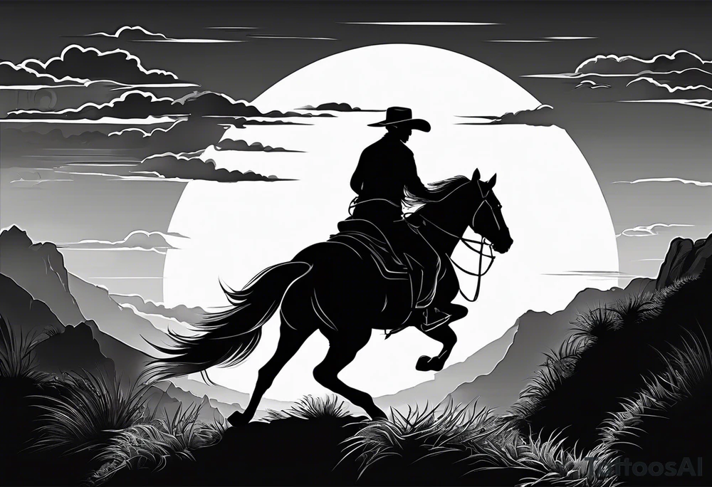 Cowboy on a horse riding in to the sunset silhouette tattoo idea